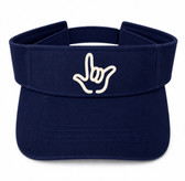 SIGN LANGUAGE ASL " I LOVE YOU" OUTLINE HAND WHITE WITH NAVY SUN VISOR HAT