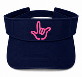SIGN LANGUAGE ASL " I LOVE YOU" OUTLINE HAND PINK WITH NAVY SUN VISOR HAT