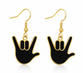 SIGN LANGUAGE ASL " I LOVE YOU" FULL BLACK HANDS EARRINGS (GOLD) PAIR