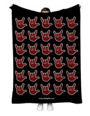SIGN LANGUAGE ASL  "I LOVE YOU" FULL HANDS RED & BLACK PLAIN HANDS WITH BLACK BACKGROUND ADULT FLANNEL BLANKET