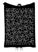 SIGN LANGUAGE ASL  "I LOVE YOU" FULL HANDS WHITE OUTLINE HANDS WITH BLACK BACKGROUND ADULT FLANNEL BLANKET