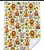SIGN LANGUAGE ASL  "I LOVE YOU" FULL HANDS SMALL ANIMALS HANDS & LEAFS WITH WHITE BACKGROUND ADULT FLANNEL BLANKET