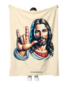 SIGN LANGUAGE ASL  "I LOVE YOU"  HANDS JESUS WITH  TAN BACKGROUND ADULT FLANNEL BLANKET