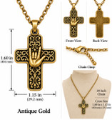 SIGN LANGUAGE "I LOVE YOU HAND" SHAPE HAND WITH CROSS ANTIQUE GOLD PENDANT CHAIN