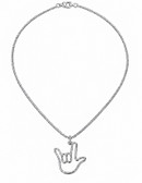 SIGN LANGUAGE "I LOVE YOU HAND" OUTLINE SHAPE HAND SILVER PENDANT CHAIN, STAINLESS STEEL