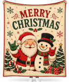 SIGN LANGUAGE ASL  "I LOVE YOU" SIGN HAND MERRY CHRISTMAS SANTA AND SNOWMAN WITH TAN BACKGROUND ADULT FLANNEL BLANKET
