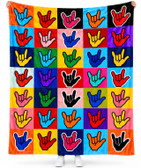 SIGN LANGUAGE ASL  "I LOVE YOU" SIGN HANDS SQUARE BOX WITH COLORS ADULT FLANNEL BLANKET,