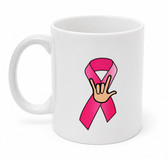SIGN LANGUAGE ASL " I LOVE YOU " HAND WITH PINK RIBBON MUG 11 OZ " BREAST CANCER AWARENESS
