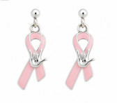 SIGN LANGUAGE ASL " I LOVE YOU " HAND WITH PINK RIBBON EARRING POST SILVER