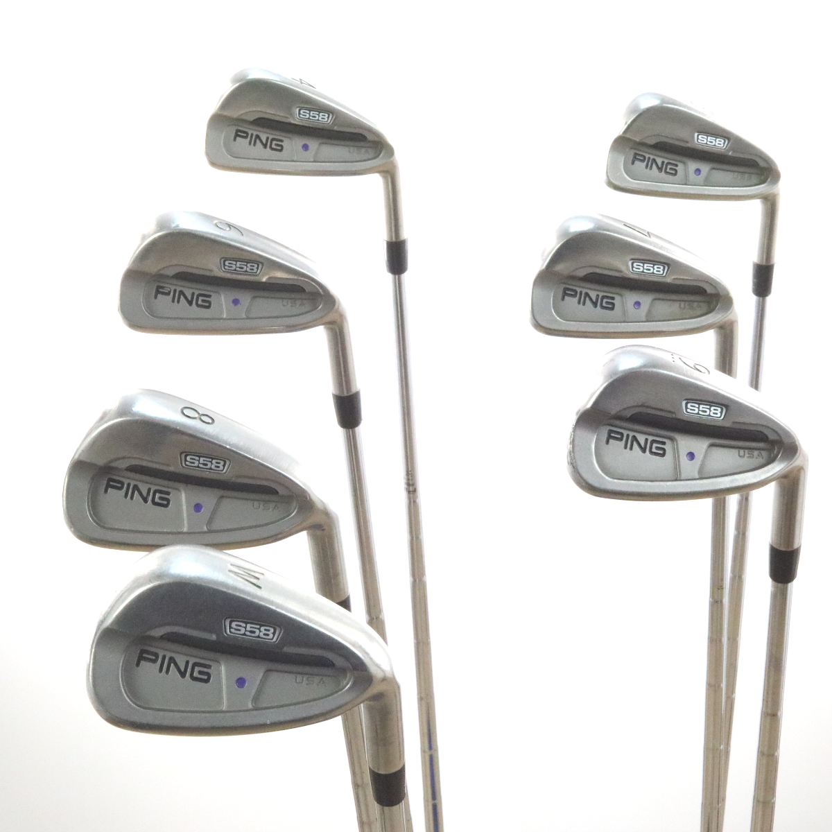 Set De Fers Ping S58 USA 4-9 + PW - Droitier, Shaft KBS Tour Acier Rigide - Point Orange