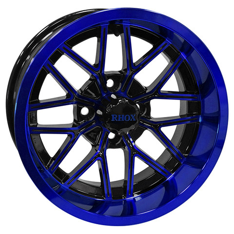 14" NIGHTHAWK Gloss Black/Radiant BLUE Aluminum Golf Cart Wheels - Set of 4