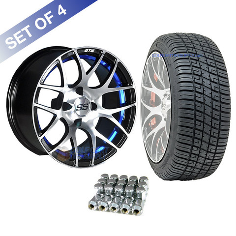 14" GTW Pursuit Machined/ Blue Wheels and 205/30-14 DOT Tires Combo - Set of 4