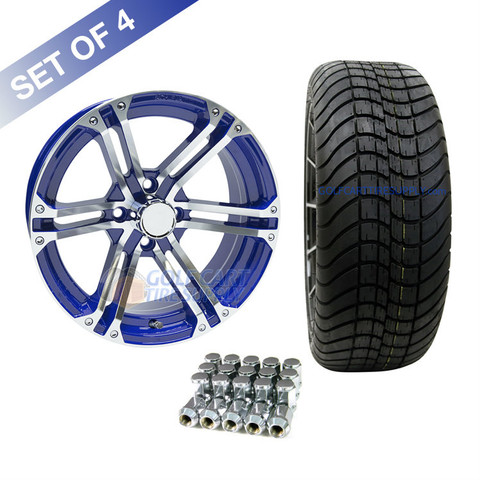 15" TERMINATOR Machined/ BLUE Wheels and Innova Driver 205/35R-15" Low Profile DOT Tires Combo - Set of 4