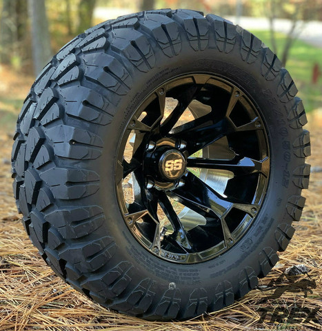 12" BLACKJACK Gloss Black Aluminum wheels and 23" STINGER All terrain tires combo