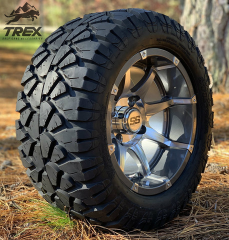 12" BANSHEE Gunmetal/ Machined Aluminum Wheels and 20x10-12" STINGER All Terrain Tires - Set of 4