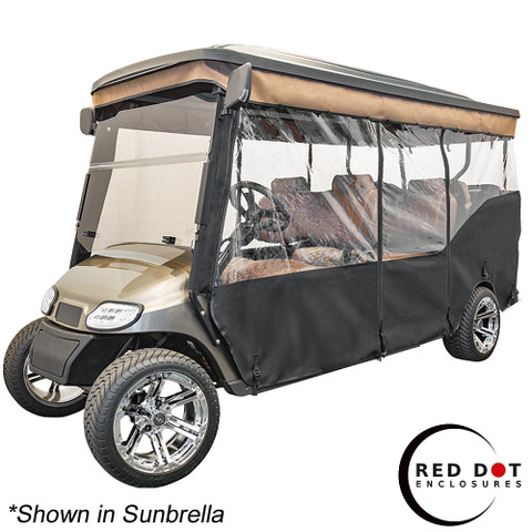 Red Dot 3-Sided Stock Sunbrella Enclosure & Striped Valance for EZGO TXT Triple Track 120" Top