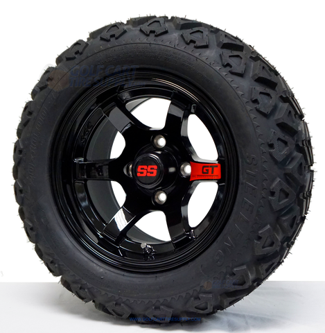 12" GT Gloss Black Aluminum Golf Cart Wheels and 20x10-12 DOT All Terrain Golf Cart Tires Combo - Set of 4