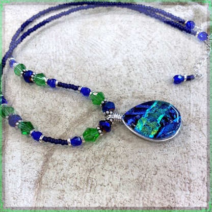 FUSED GLASS BLUE GREEN NECKLACE, ONE OF A KIND
HANDMADE IN THE USA