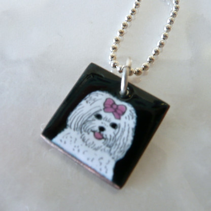 Handcrafted white maltese enamel dog necklace
handmade in the USA