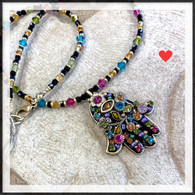 MICHAL GOLAN Multi-Floral Midnight Beaded Hamsa Necklace