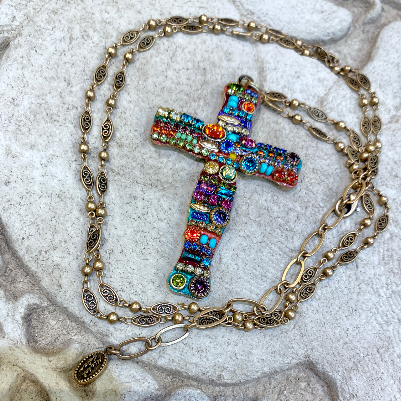Michal Golan 24k gold Jewel Crystal Cross Rosary necklace Handmade 