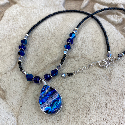 ICE BLUE FUSED GLASS & DICHROIC GLASS NECKLACE
HANDMADE IN THE USA