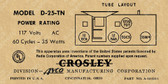 Crosley D25TN Label (Item: LBL-CR-D25TN)