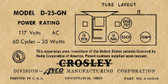 Crosley D25GN Label (Item: LBL-CR-D25GN)