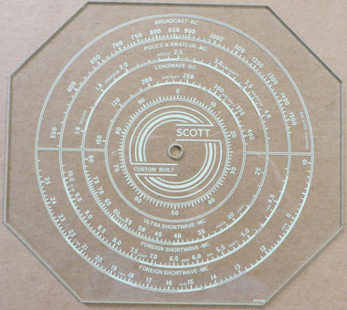 Dial image taken against a tan/brown background to illustrate off-white scale print. Dial glass is clear other than scale printing.