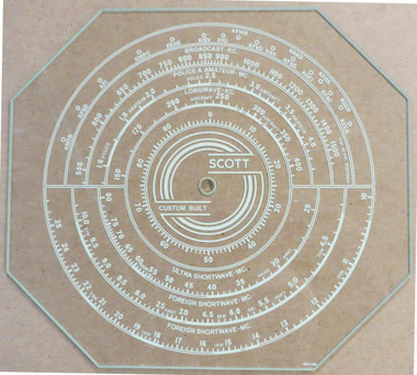 Dial image taken against a tan/brown background to illustrate off-white dial scale print. Dial is clear glass other than scale print.