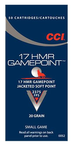 CCI 0052 Small Game 17 Hornady Magnum Rimfire (HMR) 20 GR Jacketed Soft Point 50 Bx/ 40 Cs - 766830005218