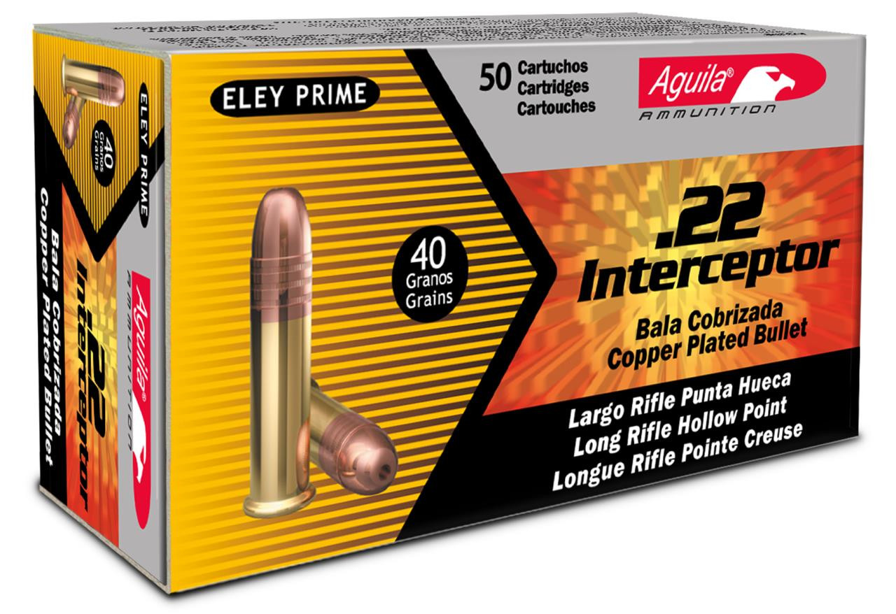 Aguila 1B222321 Interceptor 22 Long Rifle (LR) 40 GR Copper-Plated Hollow Point 50 Bx/ 100 Cs - 640420001456