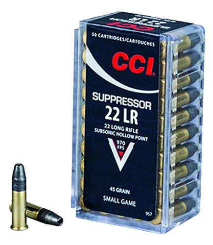 CCI 957 22 LR Suppressor 22 Long Rifle (LR) 45 GR Lead Hollow Point 50 Bx/ 100 Cs - 766830095790