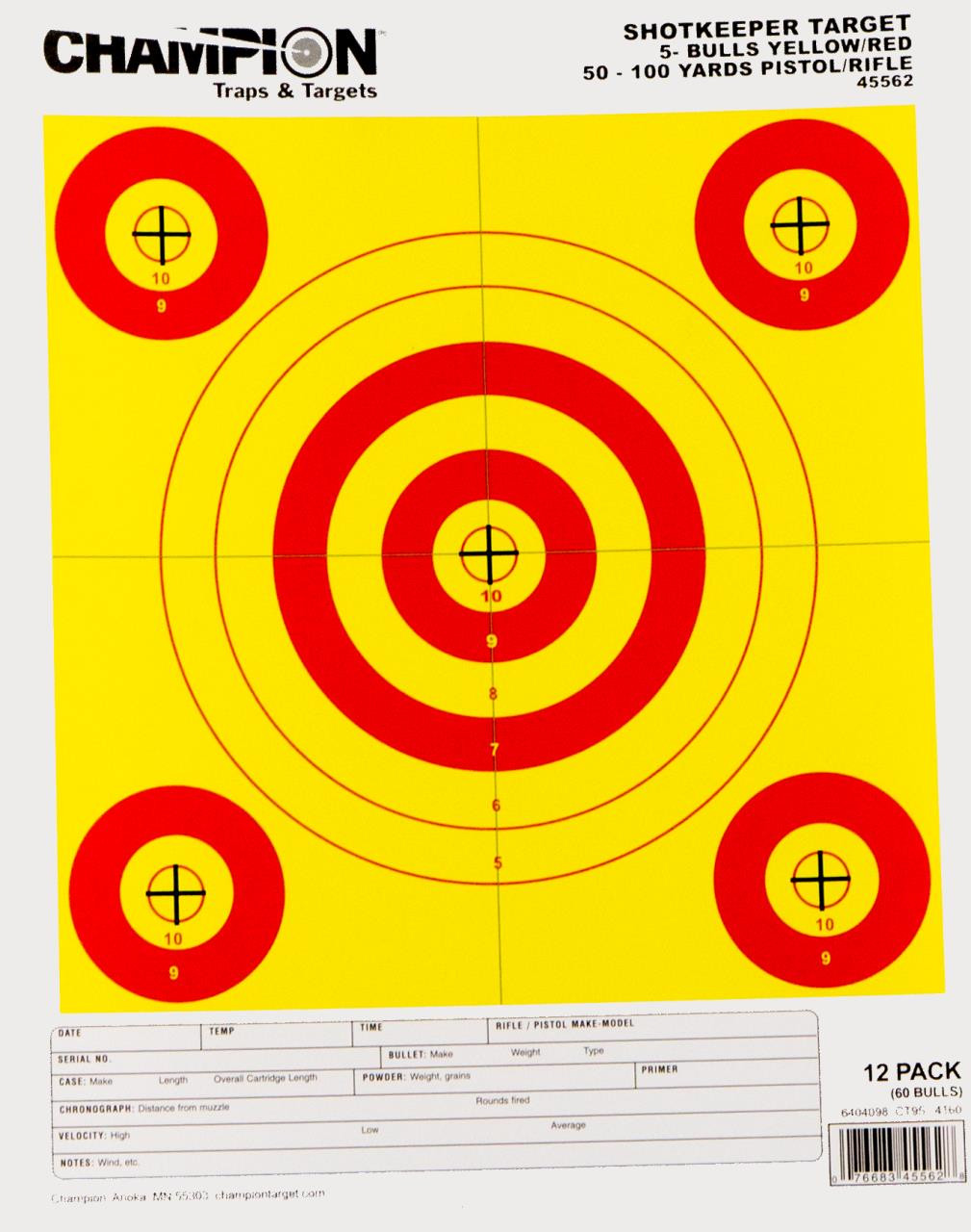Champion Targets 45562 Shotkeeper 5-Bullseye Yellow/Red 12 Pack - 766834556280