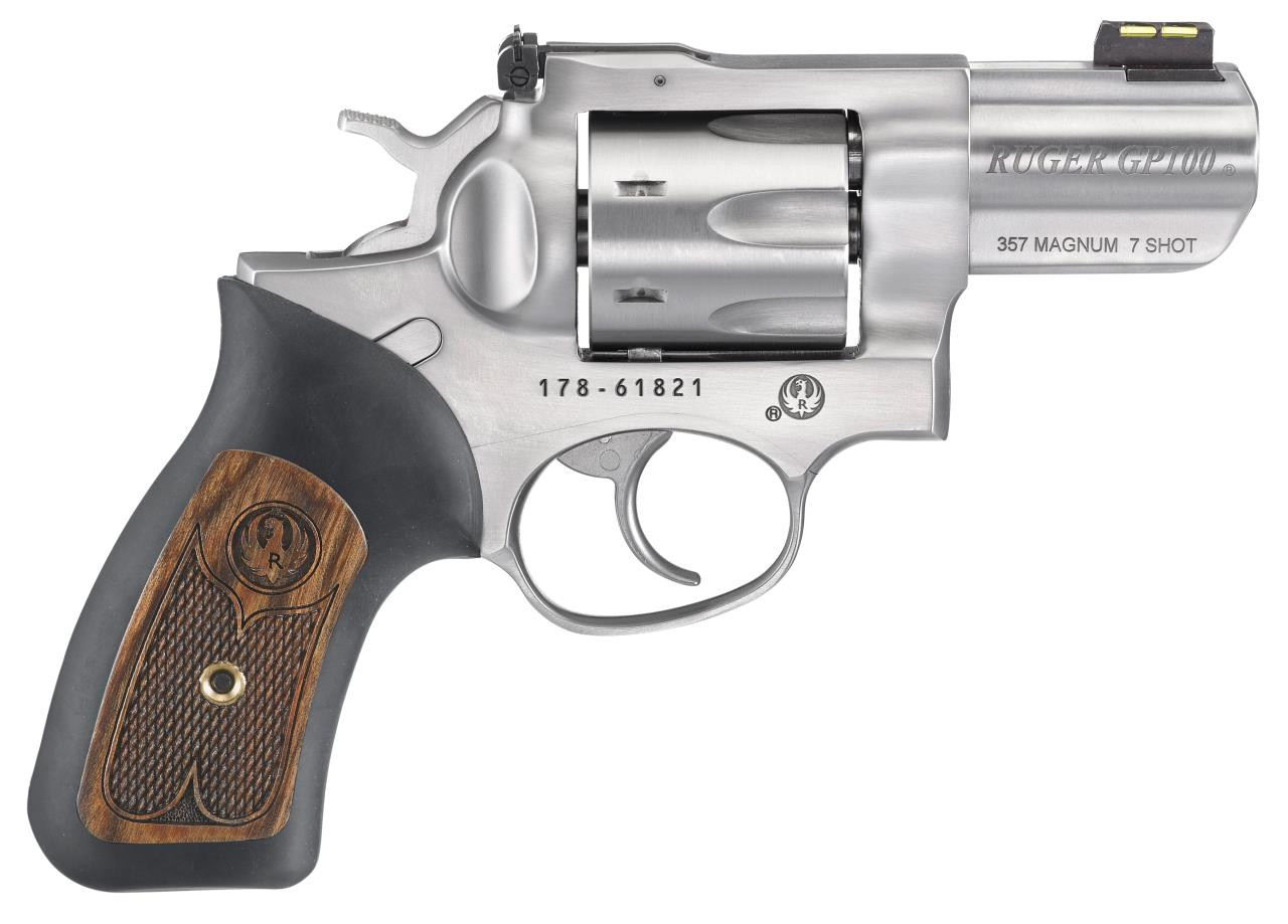 Ruger 1774 GP100 Standard Single/Double 357 Magnum 2.5" 7 rd Black Rubber w/Wood Insert Grip Stainless Steel - 736676017744