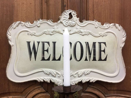 Antique Styled Reproduction Metal Welcome Sign with Candle Holder