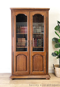 Vintage French Bookcase Oak Veneer Display Cabinet - TT074
