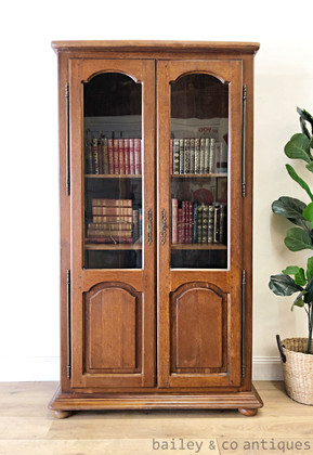 Vintage French Bookcase Oak Veneer Display Cabinet - TT074