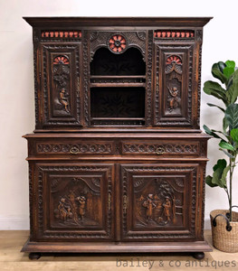 Antique French Heavily Carved Buffet Sideboard Cabinet Breton - SF048