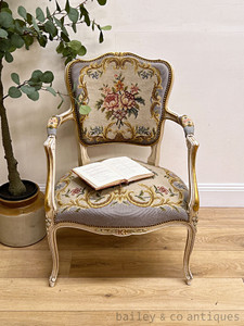 Antique French Louis Style Parlour Chair Armchair Needlepoint - C245