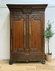 A Rare Antique French Oak Carved Marriage Armoire - C093