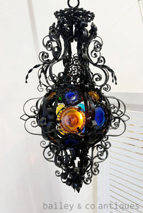 Rare Antique French Iron Stained Glass Hanging Lantern 1800s - FR523