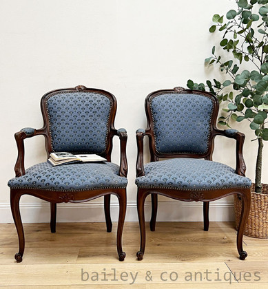 A Pair of Antique French Oak Louis Style Blue Parlour Armchairs - C214