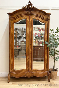 Antique French Louis XV Style Walnut Mirrored Armoire - C088