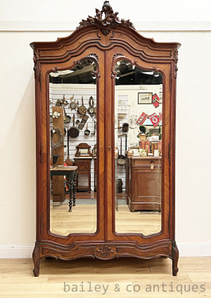Antique French Walnut Louis XV Style Mirrored Armoire - C036