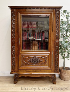 Antique French Vitrine Bookcase Display Cabinet Carved Oak - FR117