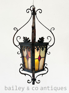 Antique French Iron Stained Glass Hanging Lantern - RF565