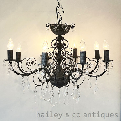 Antique French Black Metal Chandelier Faux Crystals - Chandelier