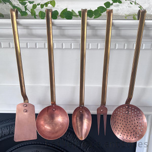 A Vintage French Set of Five Copper & Brass kitchen utensils- E573