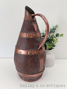 A Vintage French Wooden Wine or Cider Pitcher Copper Banding - E326 